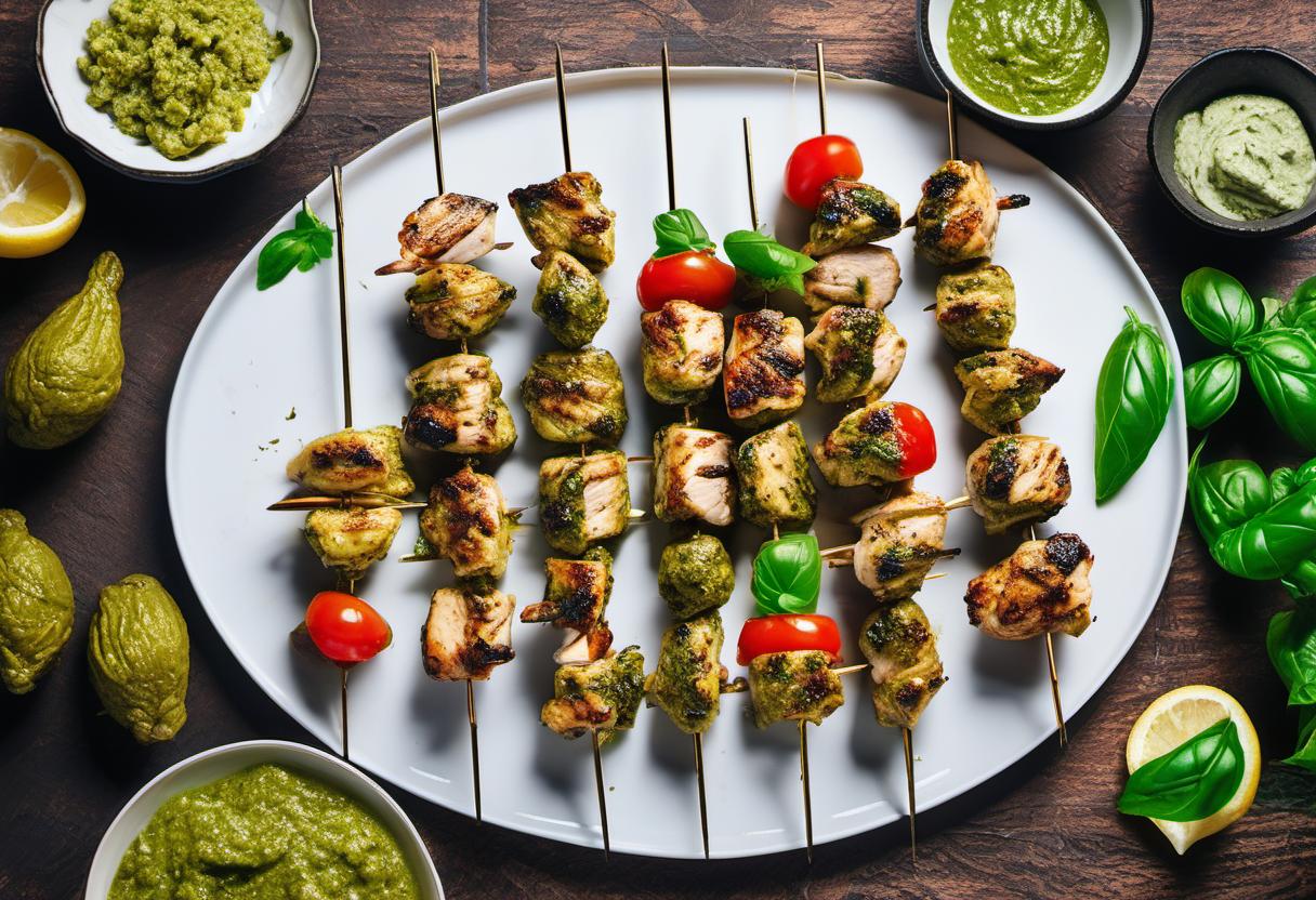 Image showing the final output answering the question: How do I prepare Pesto Genovese chicken skewers.