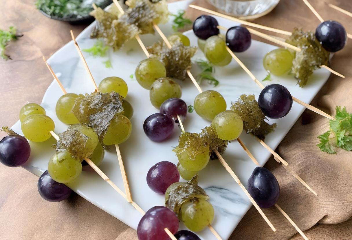 Image showing the final output answering the question: How do I make Seaweed Grape Skewers.