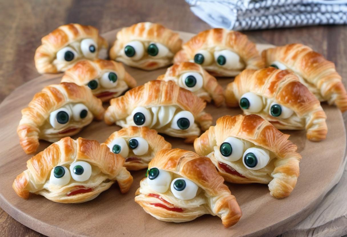 Image showing the final output answering the question: How do I bake Mini Crab Croissants with olive eyes.