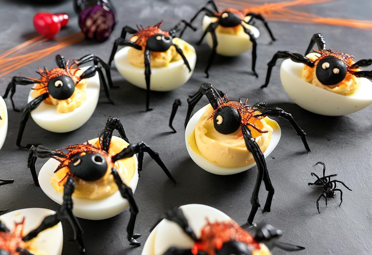 Image showing the final output answering the question: How do I make Spider Deviled Eggs.