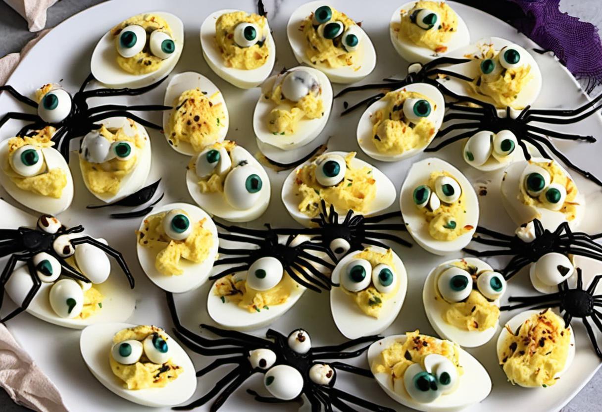Image showing the final output answering the question: How do I make Spider Deviled Eggs for a Halloween potluck.