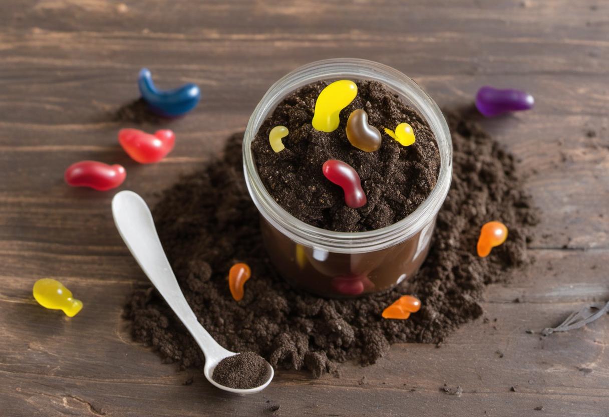 Image showing the final output answering the question: How do I create edible dirt for Worm Gummies.