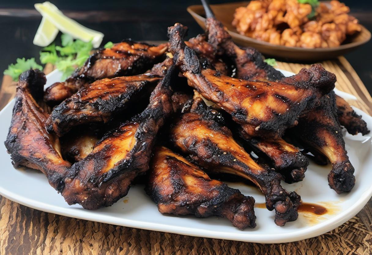 Image showing the final output answering the question: How do I grill Bat Wing Chicken Wings blackened with soy sauce.