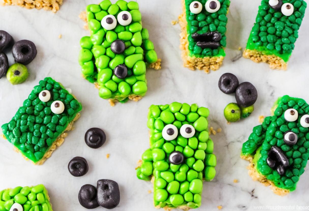 Image showing the final output answering the question: How do I give Rice Krispie Treats a Frankenstein makeover.