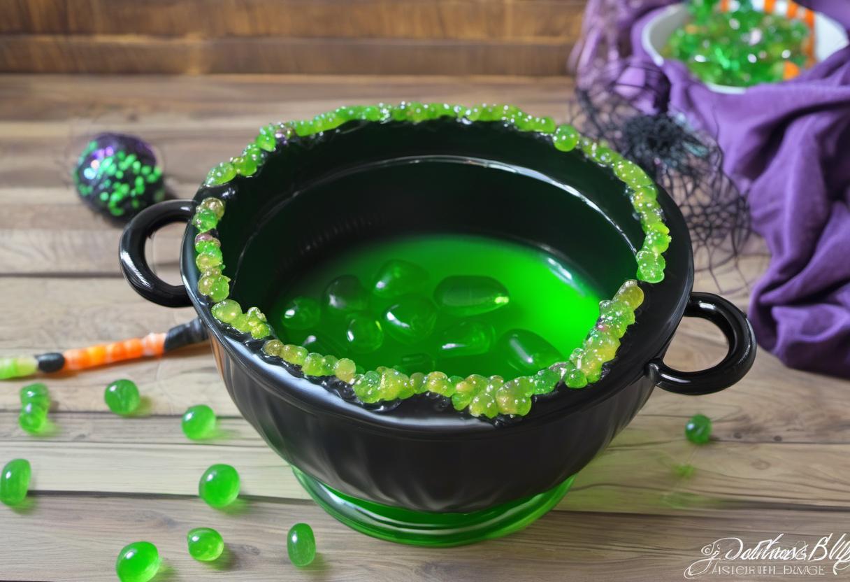 Image showing the final output answering the question: How do I conjure a mesmerizing Witchs Cauldron Candy Bowl with green jelly.