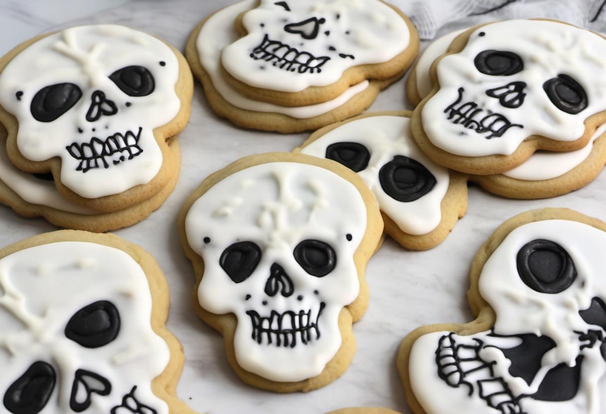 Image showing the final output answering the question: How do I make skull sugar cookies with white icing.