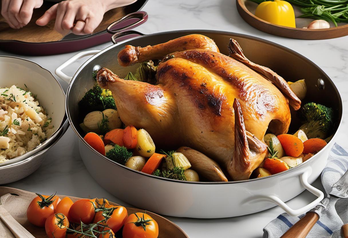 Image showing the final output answering the question: How do I make a one-pot roast chicken and vegetable meal.