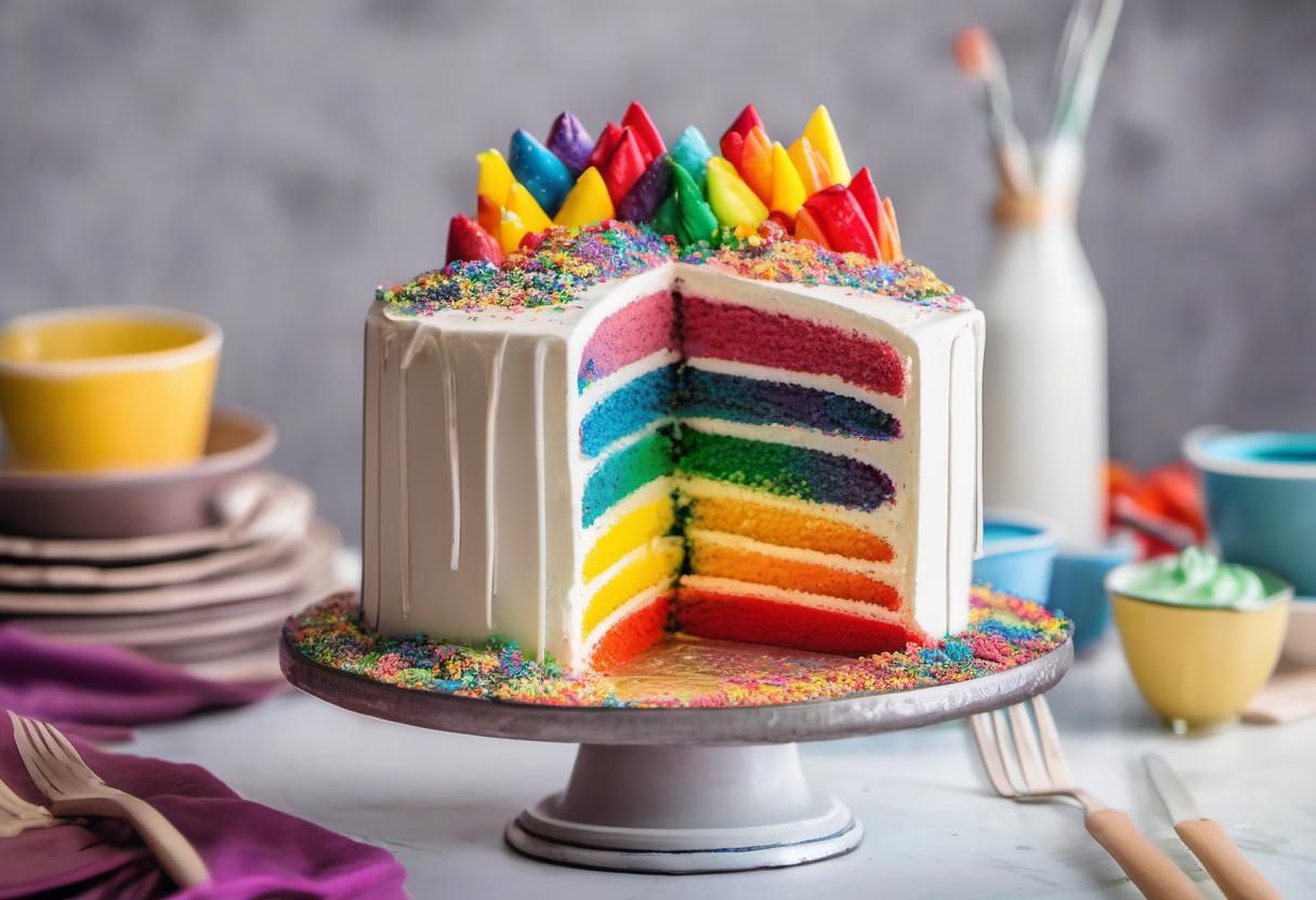 Image showing the final output answering the question: how do I make a rainbow cake that will amaze my guests.
