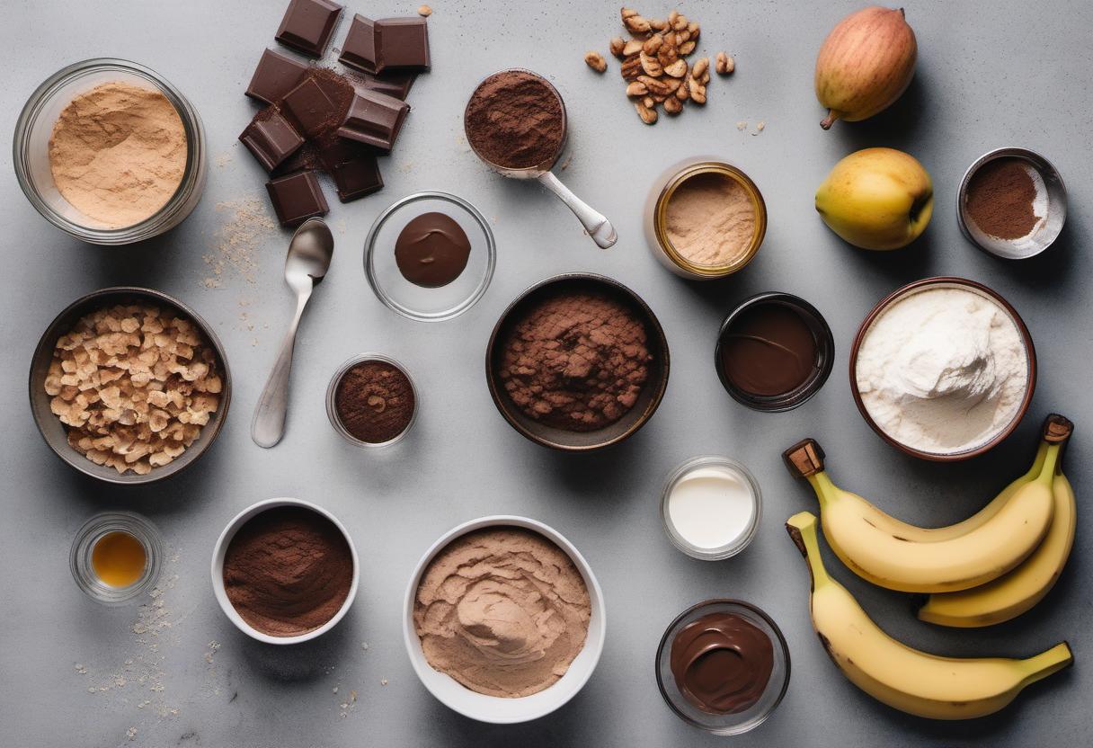 Items needed to answer the question, How do I make healthy brownies. Items include:  Whole Wheat Flour  Unsweetened Cocoa Powder  Baking Powder  Salt  Ripe Mashed Bananas  Unsweetened Applesauce  Honey  Vanilla Extract  Dark Chocolate Chips  Chopped Walnuts