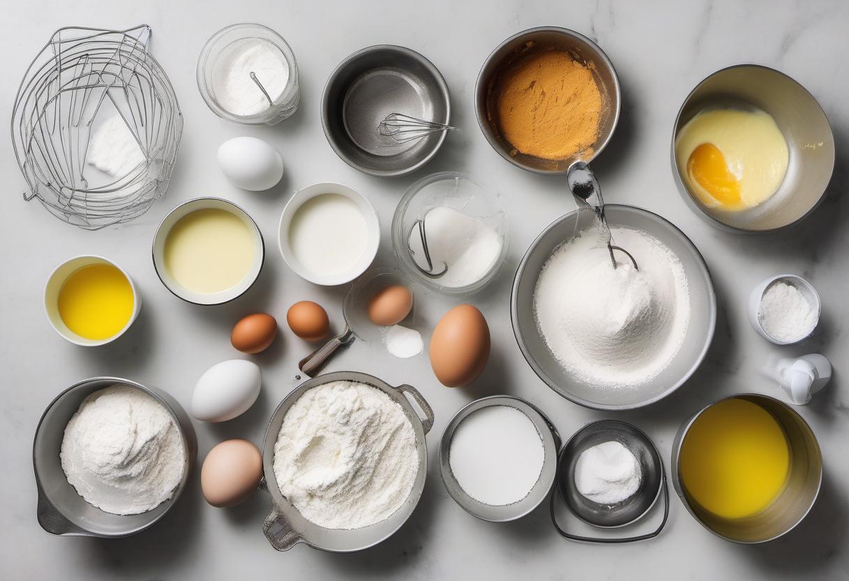Items needed to answer the question, how do I make a rainbow cake that will amaze my guests. Items include:  all-purpose flour  baking powder  salt  granulated sugar  unsalted butter  large eggs  vanilla extract  milk  gel food coloring  small baking pans  mixing bowls  measuring cups and spoons  whisk  electric mixer  spatula  cooling rack  cake stand or platter