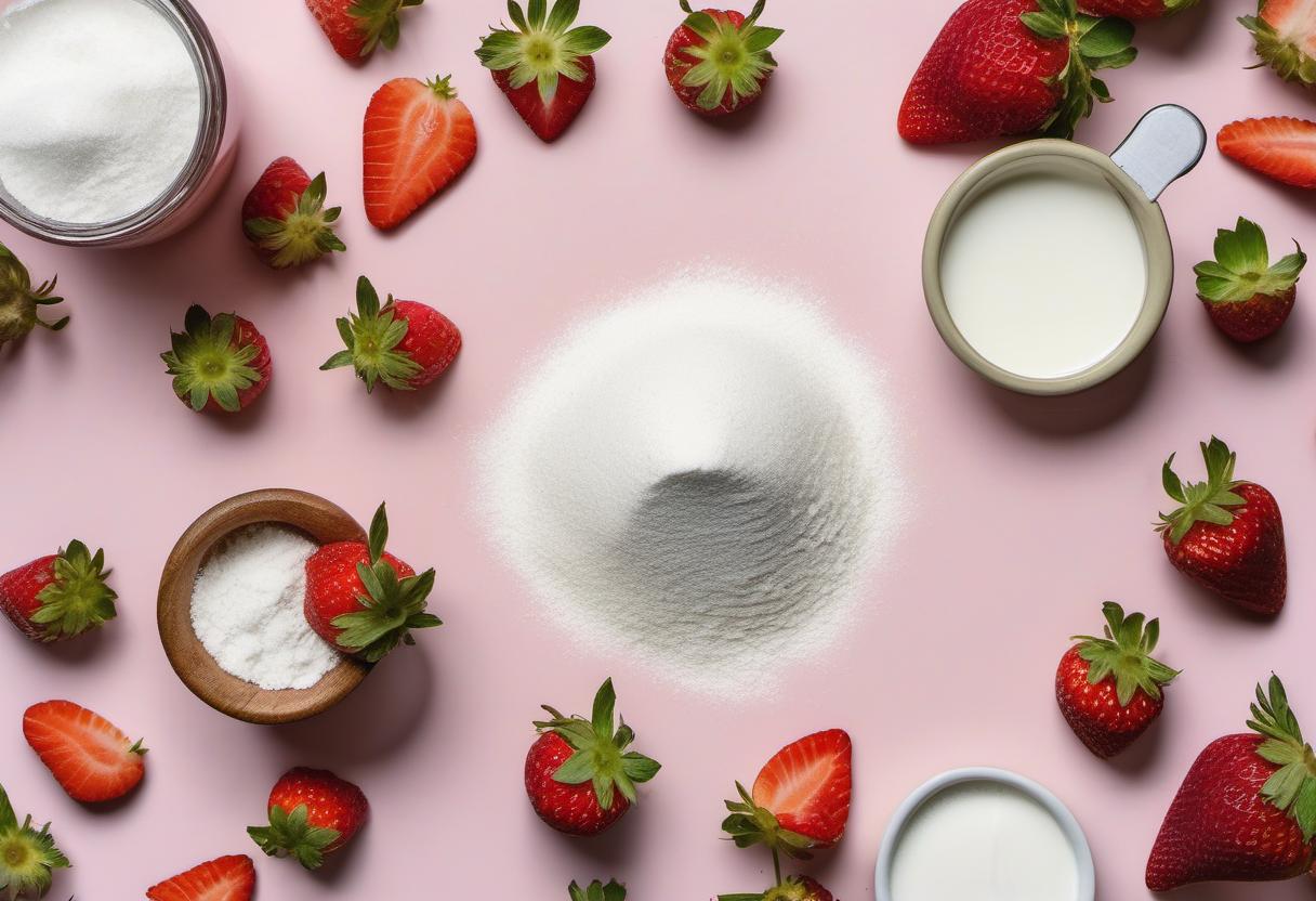 Items needed to answer the question, how do I bake a summery strawberry shortcake. Items include:  Strawberries  Granulated Sugar  All-Purpose Flour  Baking Powder  Salt  Unsalted Butter  Milk  Heavy Cream  Powdered Sugar  Vanilla Extract