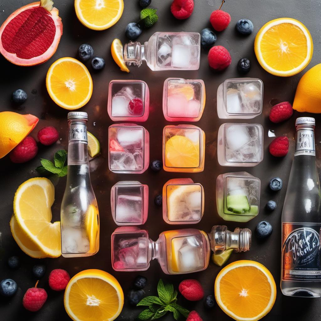 Items needed to answer the question, how do I make sorbet cocktails. Items include:  sorbet  vodka  sparkling water  fresh fruit  ice cubes