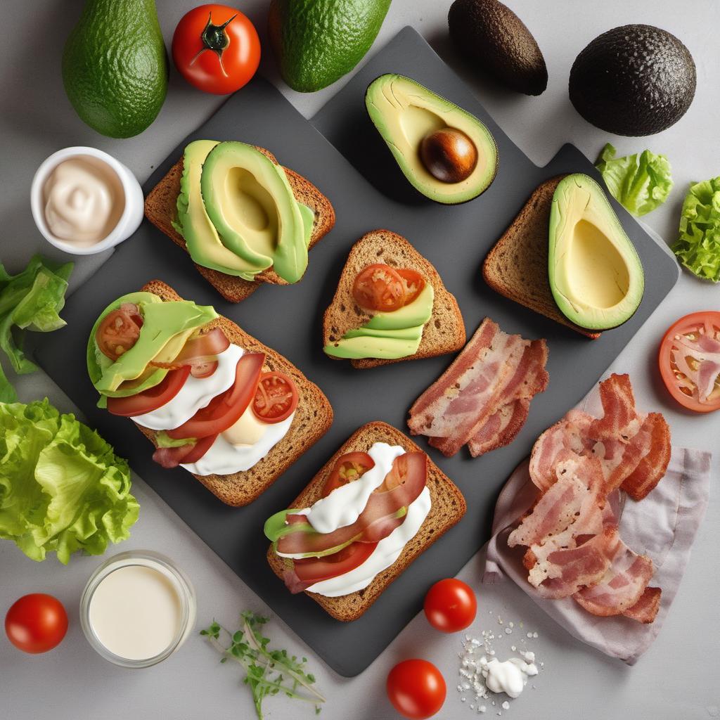 Items needed to answer the question, How do I make a bacon and avocado sandwich. Items include:  Bacon  Avocado  Bread slices  Mayonnaise  Lettuce  Tomato slices  Salt  Pepper