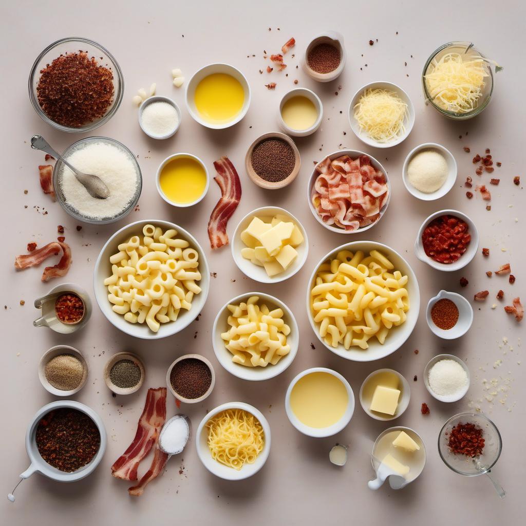 Items needed to answer the question, How do I make bacon mac and cheese. Items include:  Macaroni  Butter  Bacon  Flour  Milk  Cheese  Salt  Pepper