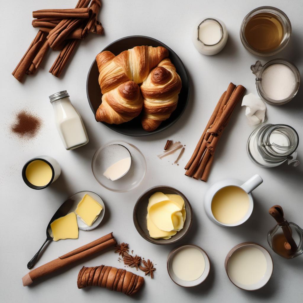 Items needed to answer the question, how do I make croissant french toast. Items include:  Croissants  Eggs  Milk  Vanilla Extract  Ground Cinnamon  Butter