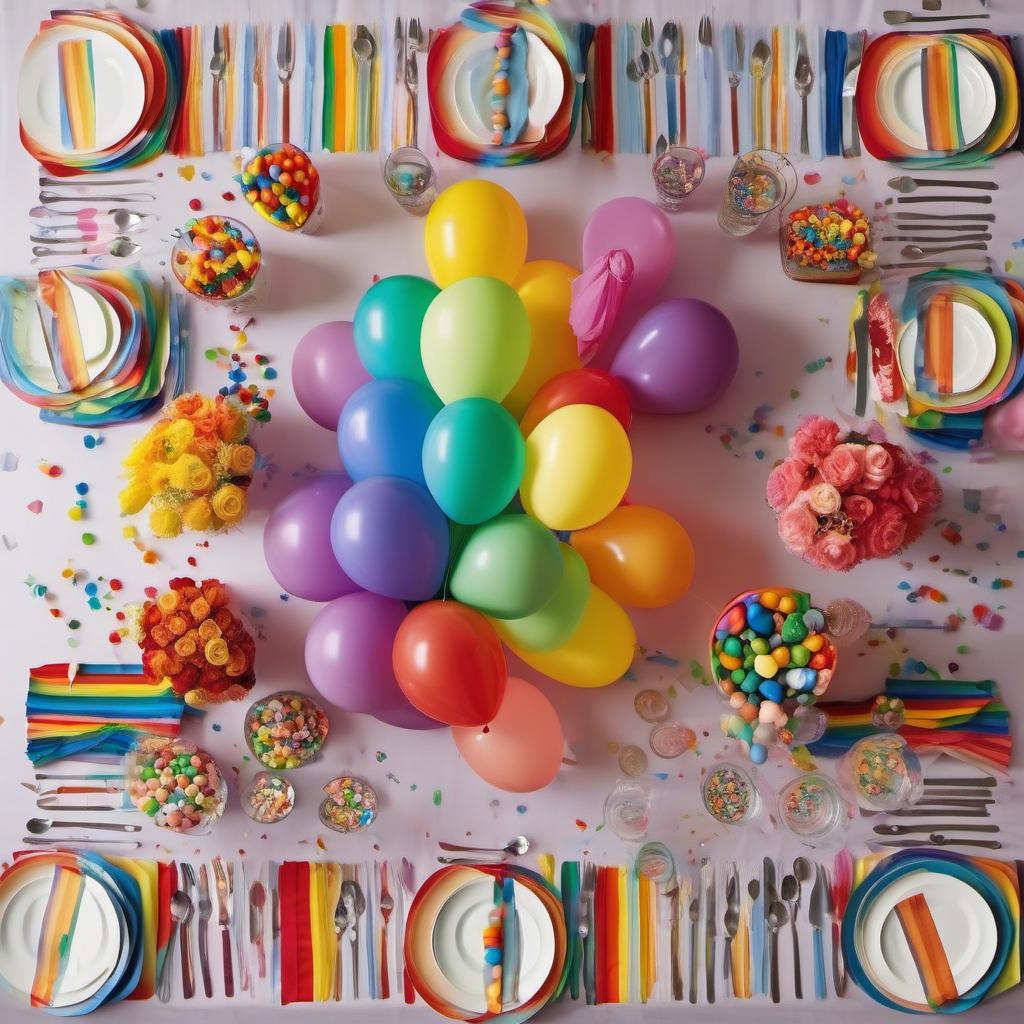Items needed to answer the question, how do I decorate a rainbow-themed party. Items include:  Rainbow-colored balloons  Colored paper or fabric strips  Colorful tablecloths  Rainbow-themed plates, cups, and cutlery  Confetti or small rainbow-colored candies  Rainbow-colored streamers  Balloons (assorted colors)  Transparent glass vases  Colored sand, pebbles, or candy  Rainbow-colored pots  Small potted plants  Rainbow flags or mini rainbow pinwheels  Rainbow-colored lanterns or string lights  Battery-powered LED lanterns