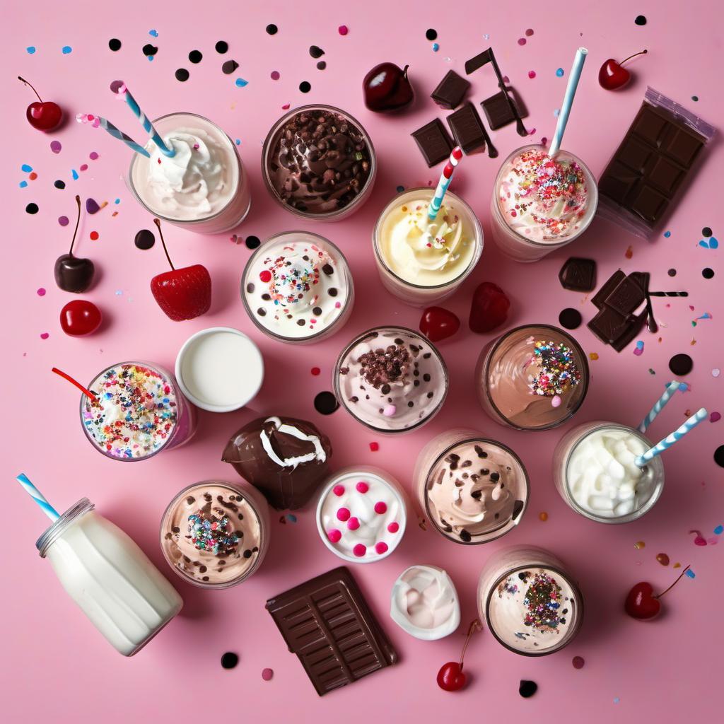 Items needed to answer the question, share a giant milkshake with a friend without battling for the last sip. Items include:  Giant Milkshake  Toppings  Straws