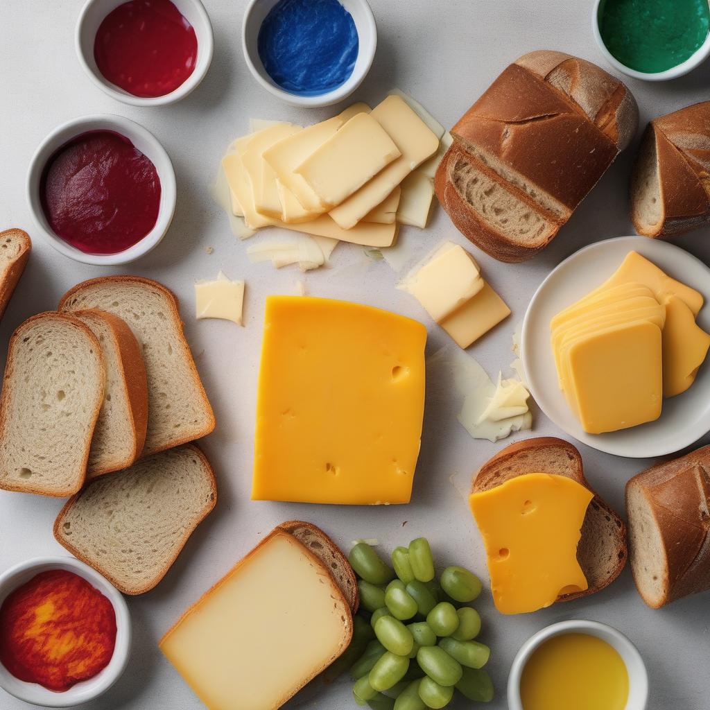 Items needed to answer the question, prepare a rainbow grilled cheese. Items include:  bread slices  cheddar cheese  food coloring  butter