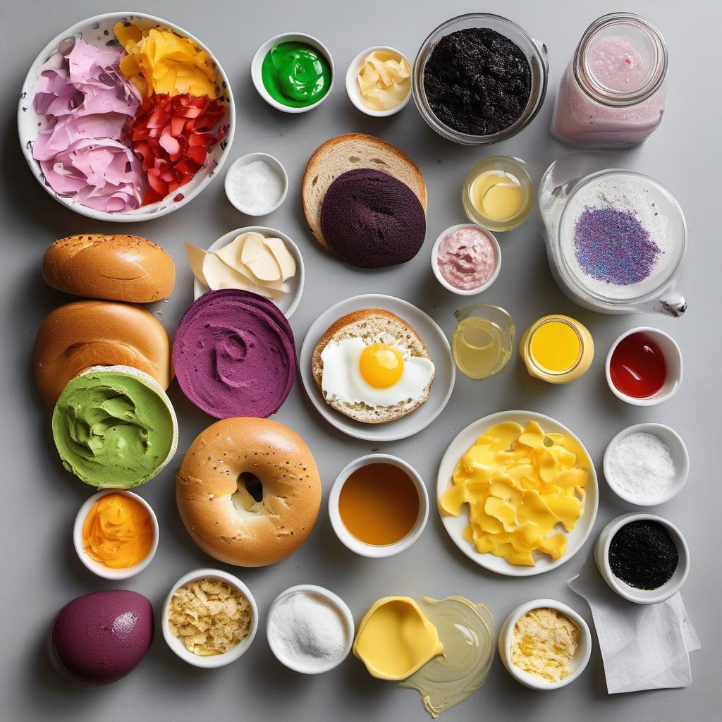 Items needed to answer the question, assemble Rainbow Bagel Breakfast Sandwich. Items include:  Rainbow bagel dough  Food coloring  Eggs  Salt and pepper  Breakfast spread  Toppings and extras