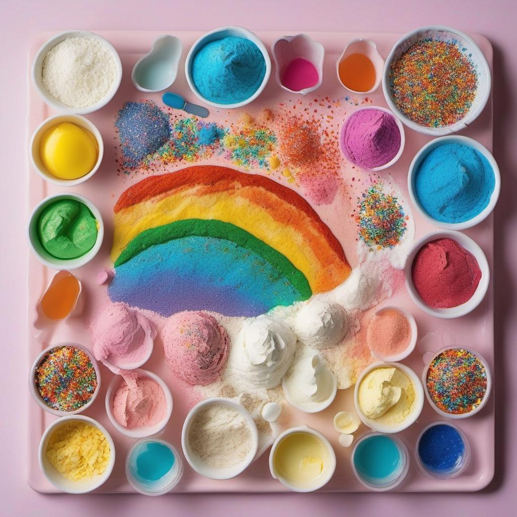 Items needed to answer the question, assemble a picture-perfect Rainbow Cake like a pro. Items include:  all-purpose flour  baking powder  salt  sugar  butter  eggs  vanilla extract  milk  gel food coloring  frosting  rainbow sprinkles  edible glitter