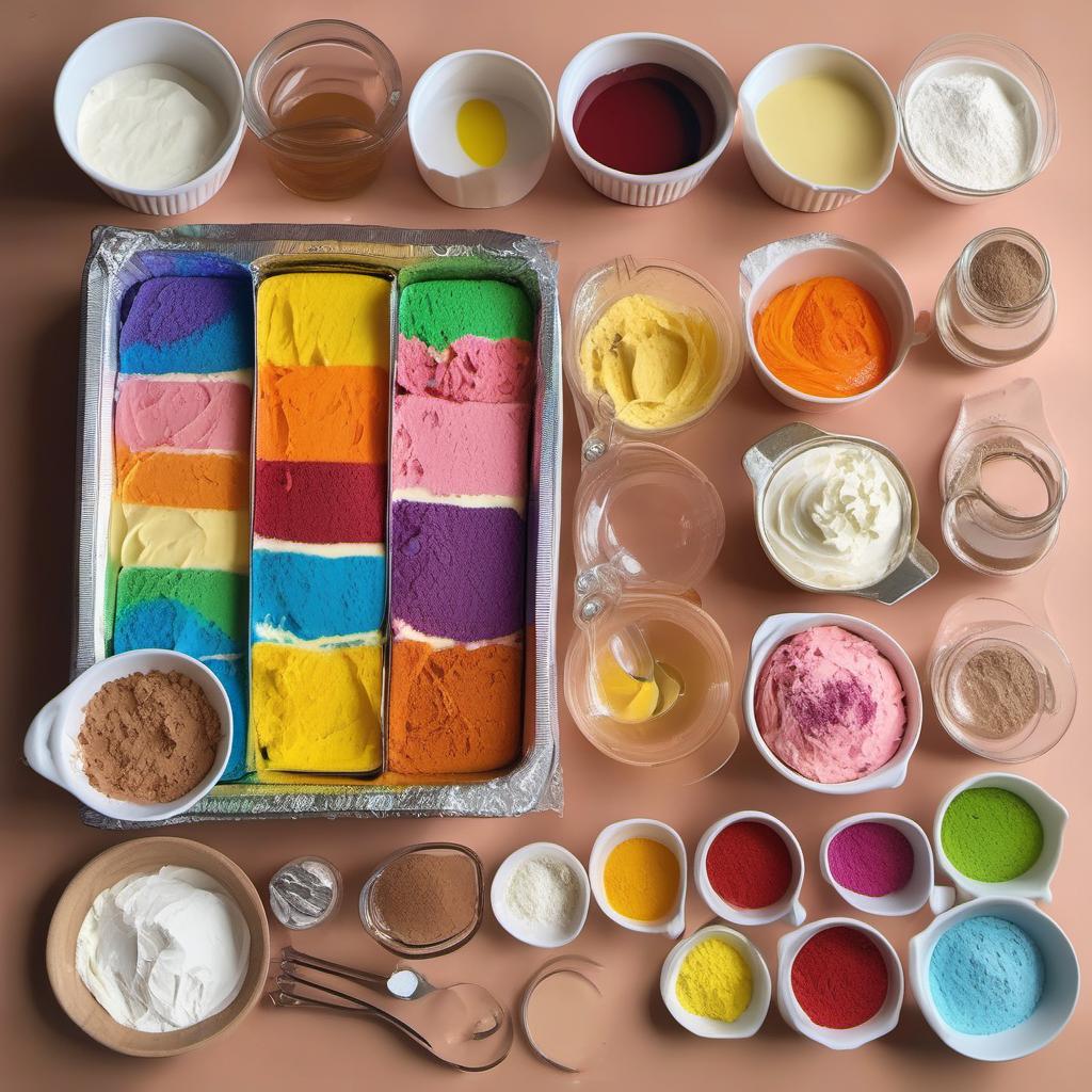 Items needed to answer the question, transform your Rainbow Cake into a celebration centerpiece. Items include:  Rainbow Cake Layers  Frosting  Decorations