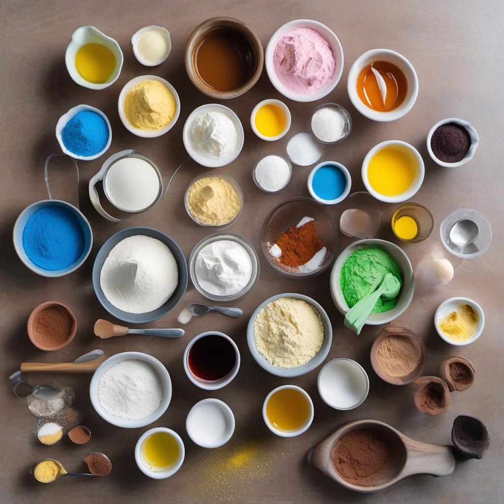 Items needed to answer the question, make a gluten-free version of a Rainbow Cake. Items include:  gluten-free flour  baking powder  salt  eggs  sugar  vegetable oil  vanilla extract  food coloring  frosting  sprinkles