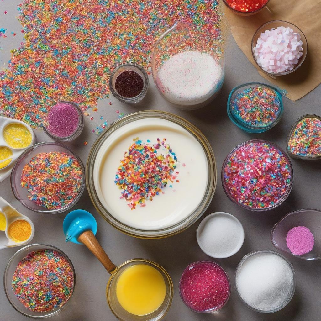 Items needed to answer the question, explore unique Unicorn Ice Cream flavors. Items include:  Heavy cream  Whole milk  Granulated sugar  Salt  Vanilla extract  Food coloring  Fruity extracts (optional)  Colorful edible glitter  Rainbow sprinkles  Unicorn-shaped candies
