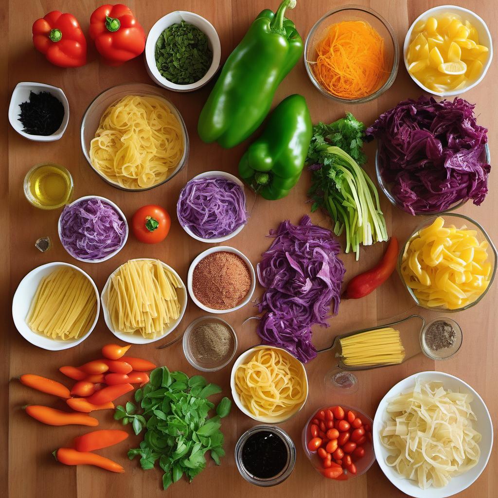 Items needed to answer the question, cook a vibrant rainbow pasta salad. Items include:  Pasta  Bell peppers  Cherry tomatoes  Carrots  Purple cabbage  Olive oil  Lemon juice  Honey  Dijon mustard  Salt  Pepper