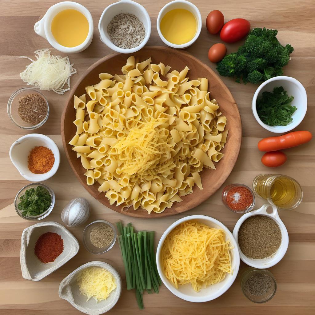 Items needed to answer the question, bake cheesy multicolored pasta muffins. Items include:  Pasta  Shredded cheese  Eggs  Chopped vegetables  Seasonings/spices