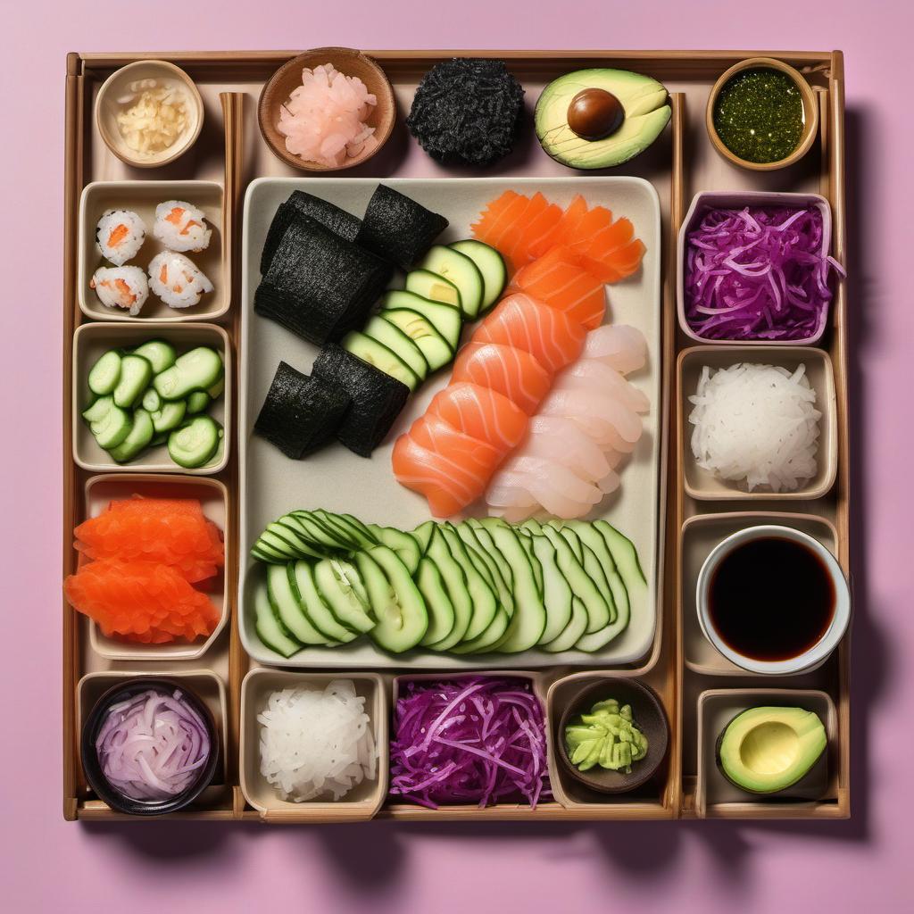 Items needed to answer the question, make a rainbow sushi roll. Items include:  Sushi rice  Nori sheets  Cucumber  Avocado  Carrots  Red cabbage  Smoked salmon  Crab sticks  Pickled ginger  Wasabi  Soy sauce