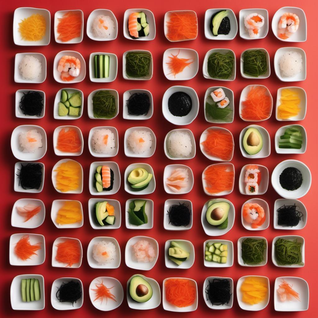 Items needed to answer the question, roll up the fun how to make a rainbow sushi roll. Items include:  Sushi Rice  Nori Sheets  Avocado  Cucumber  Carrot  Bell Peppers (red, orange, yellow, green)  Cooked Shrimp or Imitation Crab