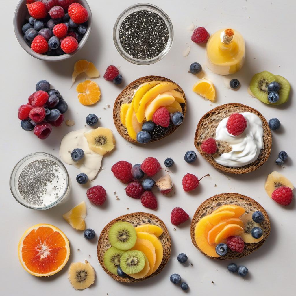 Items needed to answer the question, make healthy Unicorn Toast. Items include:  Whole grain bread  Greek yogurt  Natural food coloring  Assorted fruit slices  Edible glitter or chia seeds