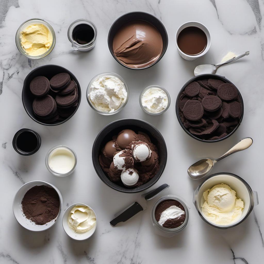 Items needed to answer the question, whip up a DIY black ice cream cake. Items include:  Black Ice Cream  Crushed Oreos  Melted Butter  Heavy Cream  Cocoa Powder  Vanilla Extract  Powdered Sugar  Springform Cake Pan  Mixing Bowl