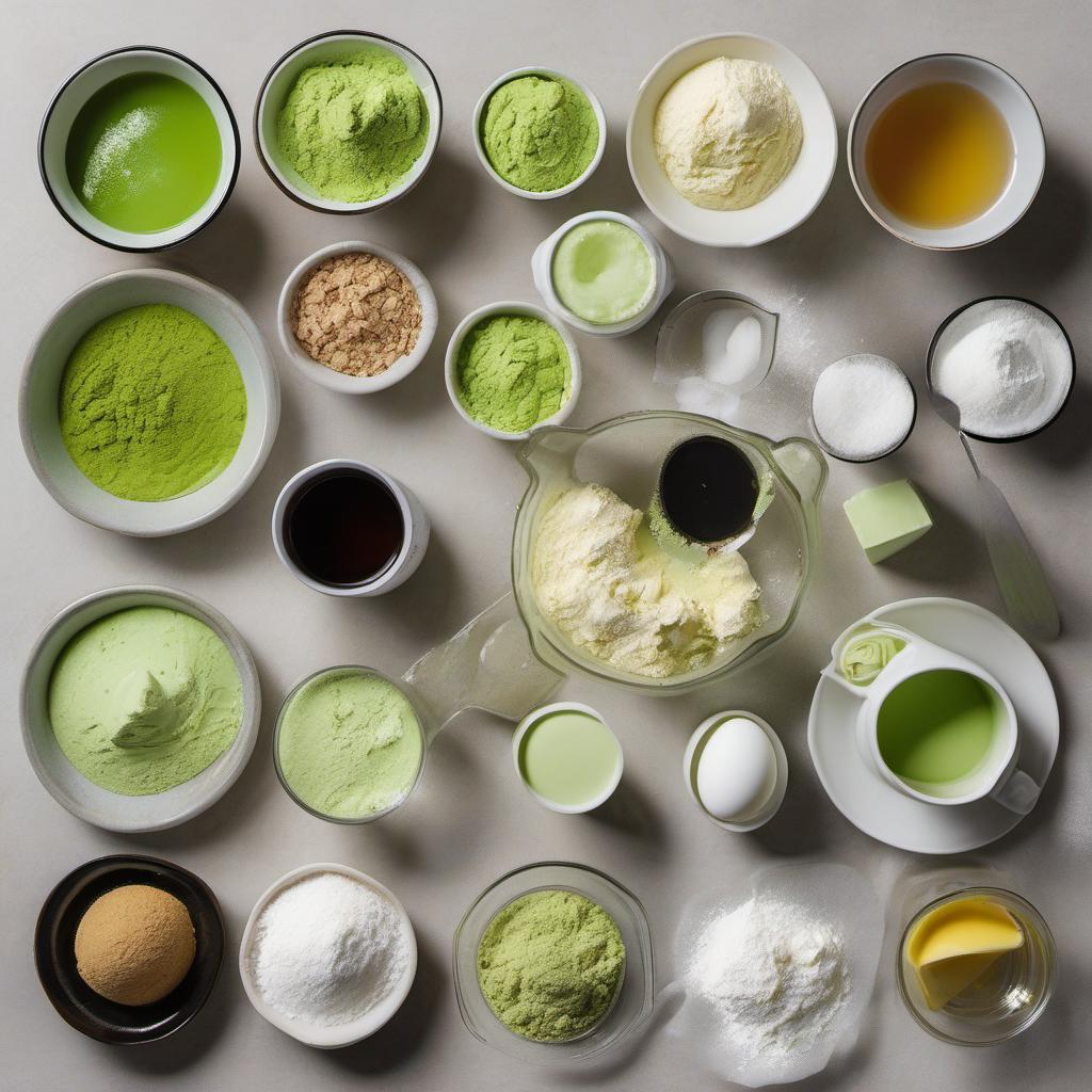 Items needed to answer the question, make a matcha green tea Crepe Cake. Items include:  all-purpose flour  matcha green tea powder  granulated sugar  salt  milk  eggs  butter  heavy cream  powdered sugar  vanilla extract