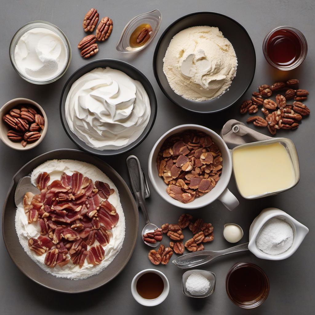 Items needed to answer the question, make Maple Bacon Pecan Overloaded Waffles. Items include:  all-purpose flour  granulated sugar  baking powder  salt  bacon  pure maple syrup  chopped pecans  unsalted butter  whipped cream or vanilla ice cream