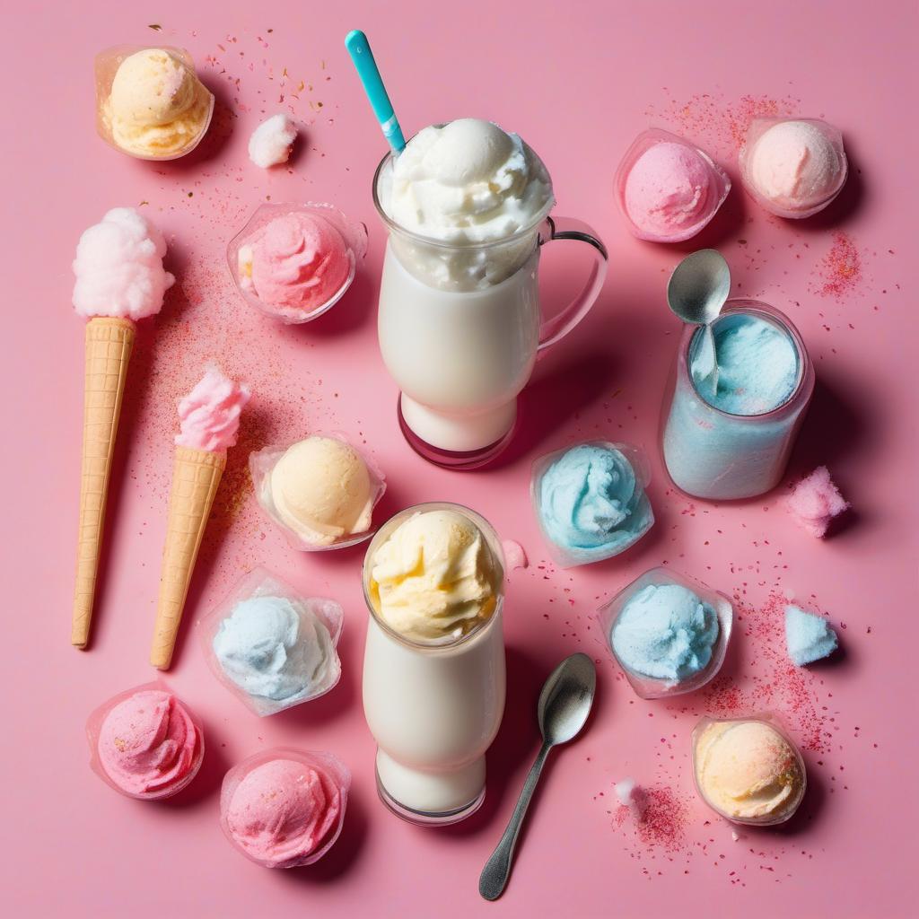 Items needed to answer the question, make a Cotton Candy Carnival Freak Frappe. Items include:  Vanilla Ice Cream  Milk  Cotton Candy Syrup  Carnival-Themed Sprinkles  Whipped Cream  Cotton Candy  Blender