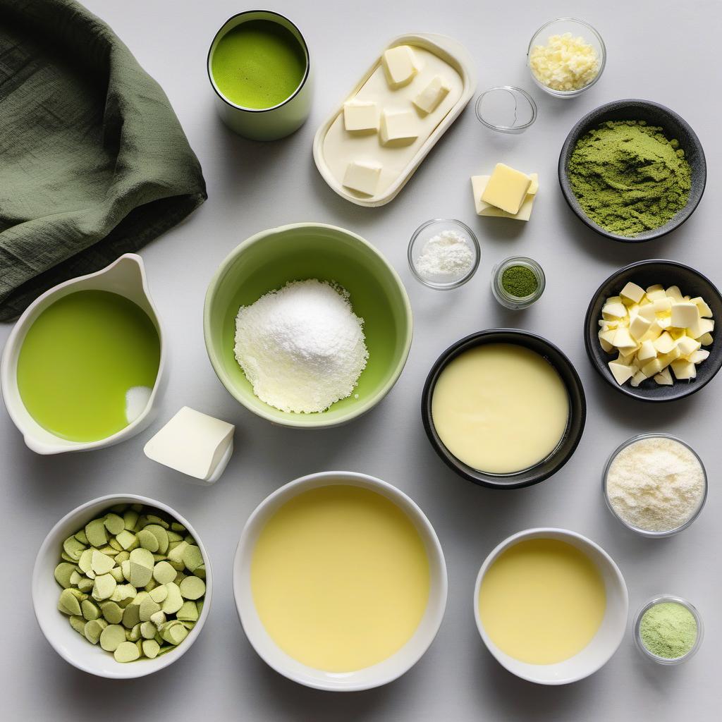 Items needed to answer the question, bake a Matcha Lava Cake without an oven. Items include:  unsalted butter  white chocolate chips  granulated sugar  all-purpose flour  matcha powder  salt  egg  microwave-safe mug