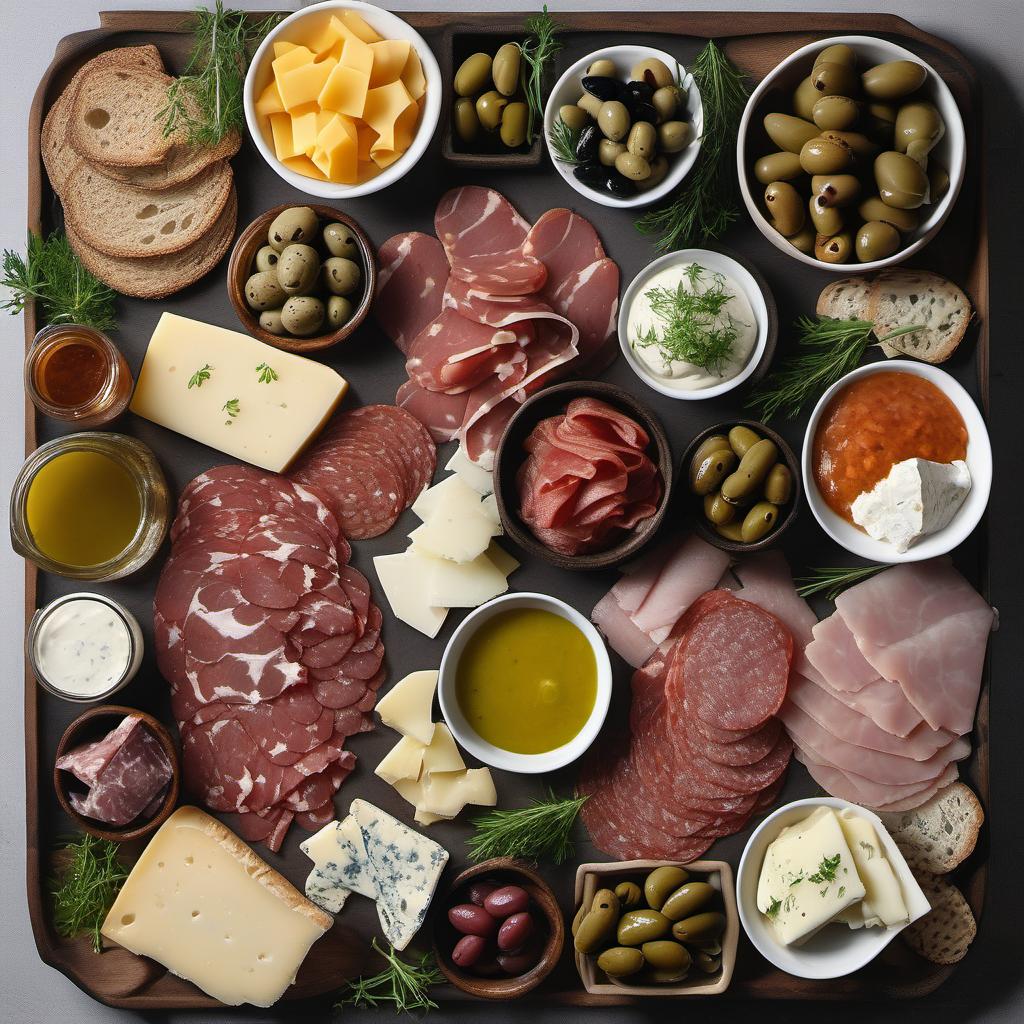 Items needed to answer the question, assemble a mouthwatering antipasto platter. Items include:  Assorted cured meats  Assorted cheeses  Olives  Marinated vegetables  Bread or crackers  Dips or spreads  Fresh herbs for garnish