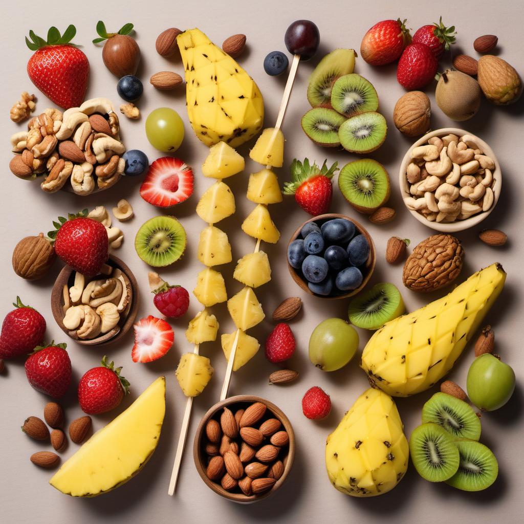 Items needed to answer the question, make fruit and nut kebabs. Items include:  Fruits  Nuts  Skewers
