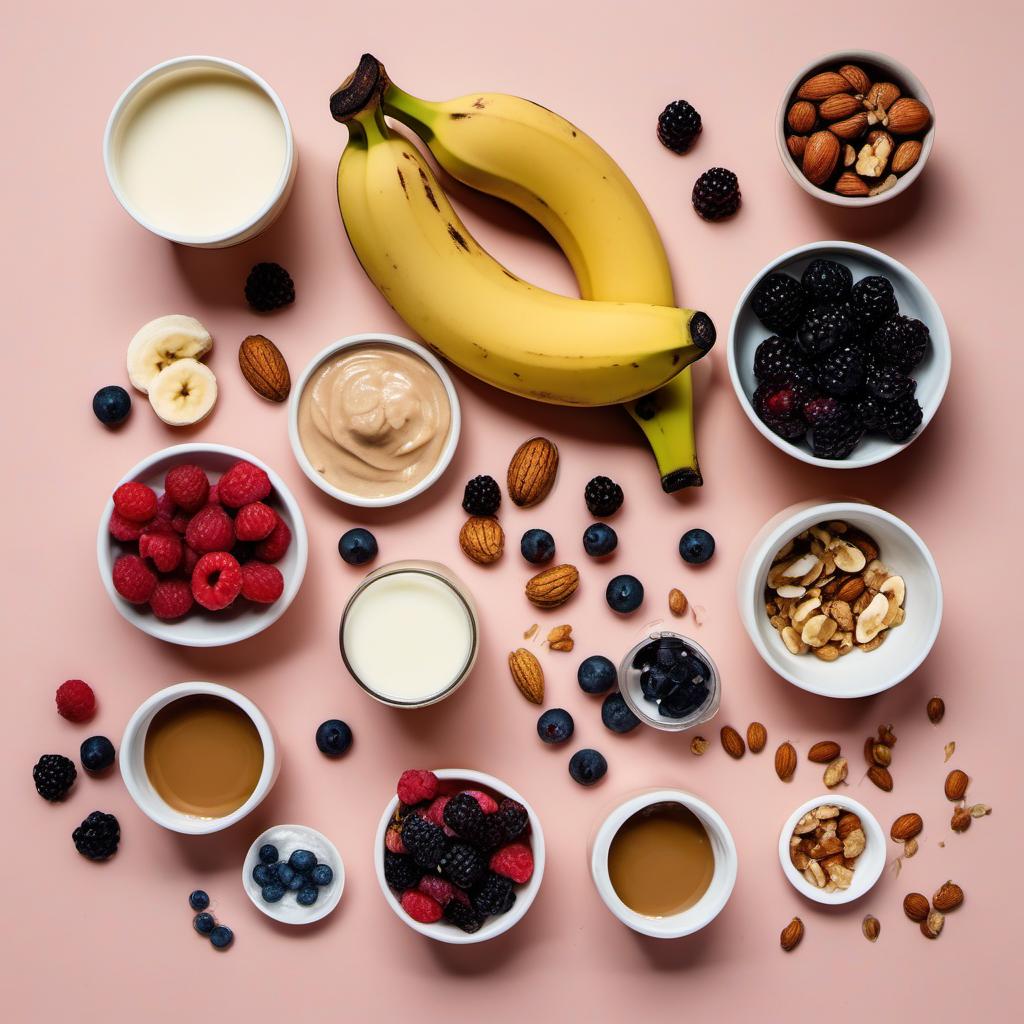 Items needed to answer the question, whip up a fruity nut smoothie. Items include:  Banana  Mixed Berries  Nut Butter  Nuts  Milk  Ice Cubes