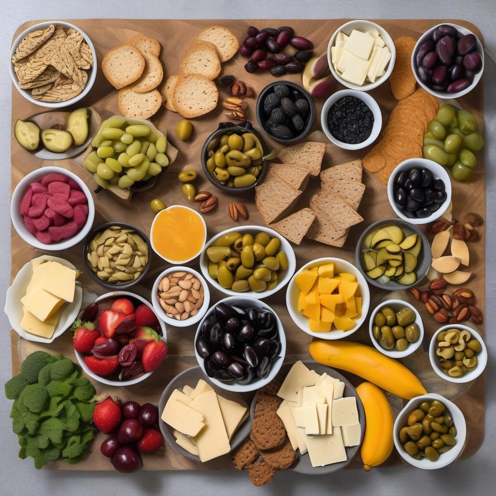 Items needed to answer the question, create a showstopping Vegan Charcuterie Board. Items include:  Variety of Fruits and Vegetables  Vegan Cheeses  Vegan Deli Slices or Plant-Based Meats  Olives and Pickles  Crackers and Crusty Bread  Nuts or Seeds