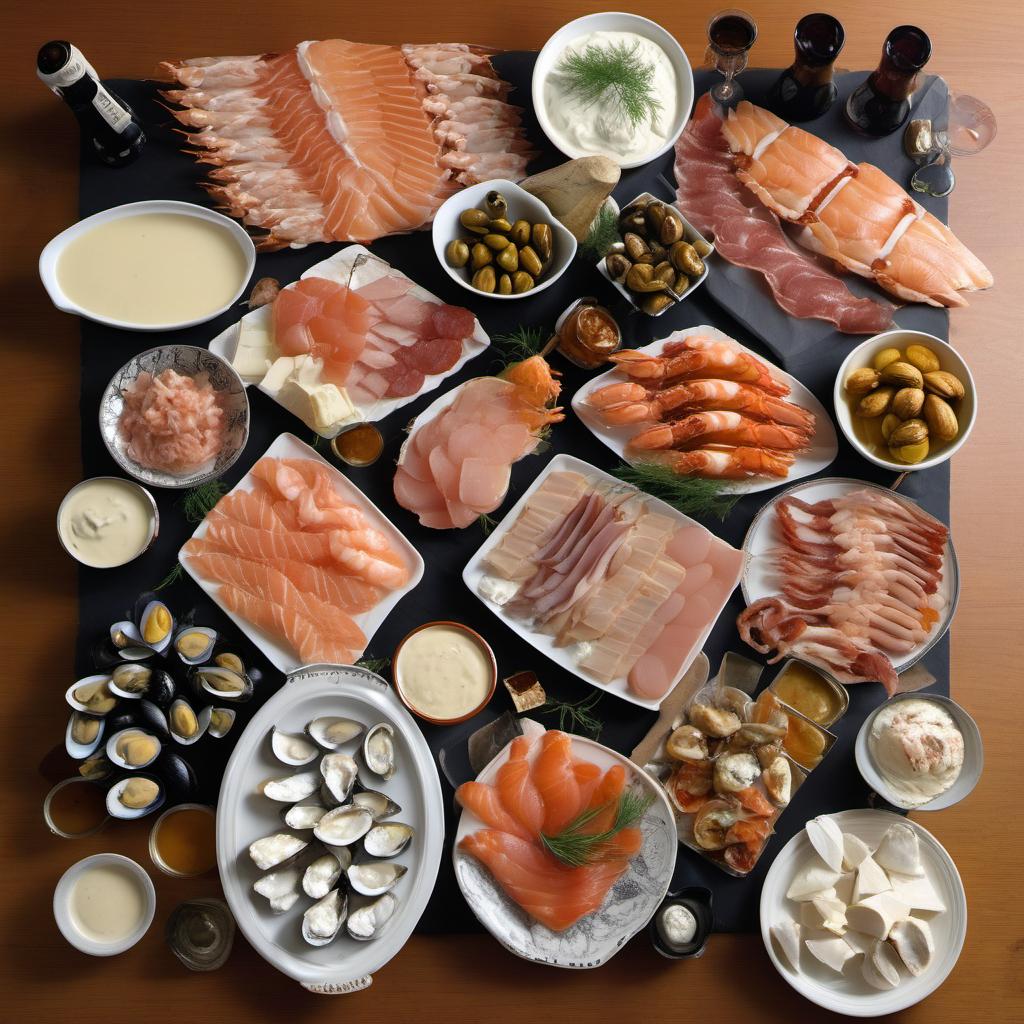 Items needed to answer the question, assemble a nautical feast seafood charcuterie board. Items include:  Cheeses  Cured Meats  Seafood  Marinated Mussels/Clams  Creamy Dill Sauce  Spicy Cocktail Sauce  Fresh Fruits  Refreshing Melon Chunks  Grapes  Sliced Oranges  Garnishes  Crunchy Bread or Crackers