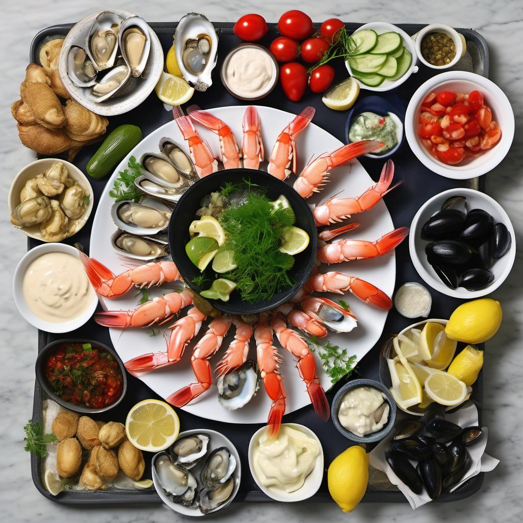 Items needed to answer the question, build the ultimate oceanic spread seafood charcuterie board. Items include:  Shrimp  Oysters  Mussels  Crab  Mayonnaise  Pickles  Capers  Lemon Juice  Salt  Pepper  Fresh Herbs  Lemon Wedges  Cucumbers  Cherry Tomatoes  Sea Salt  Crackers  Bread