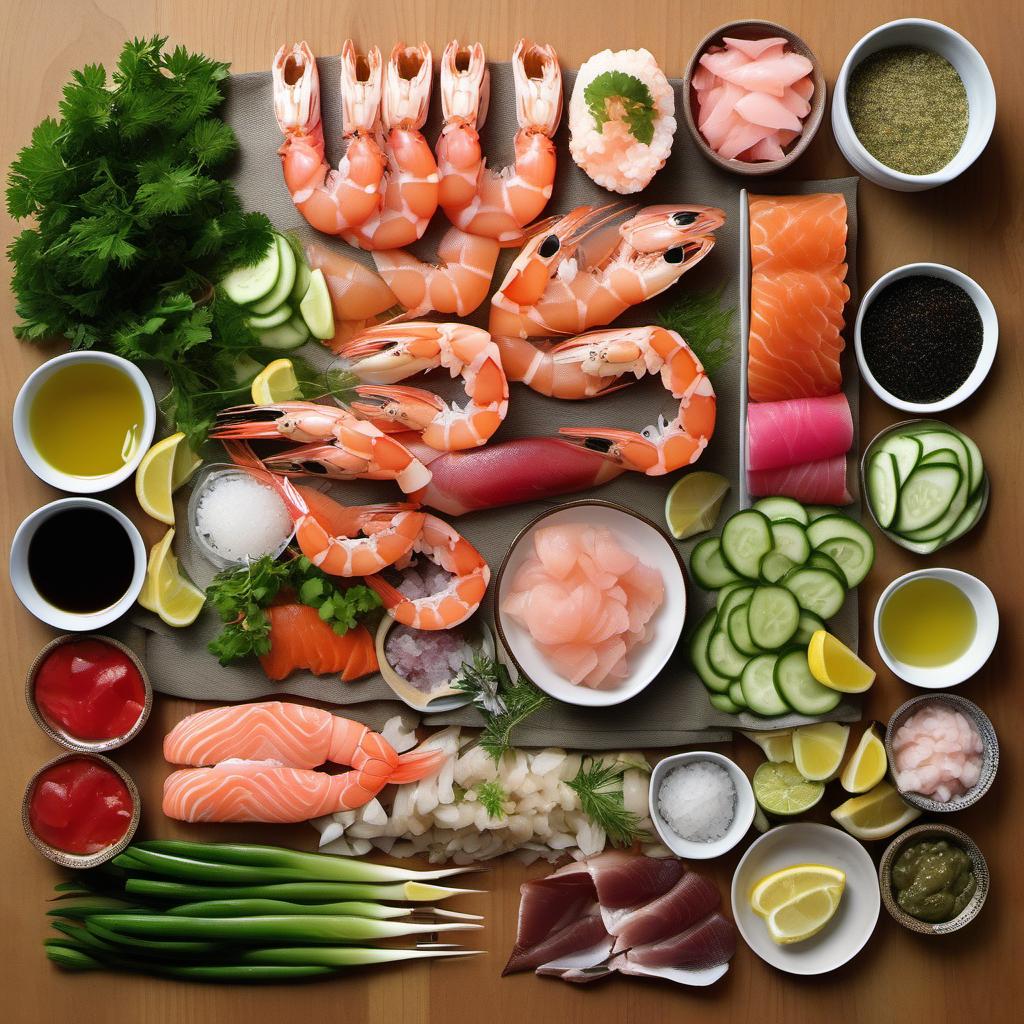 Items needed to answer the question, spice up your party with a seafood charcuterie board. Items include:  shrimp  crab claws  smoked salmon  sushi-grade tuna  olive oil  salt  pepper  lemon wedges  dipping sauces  fresh herbs  sliced cucumbers  radishes