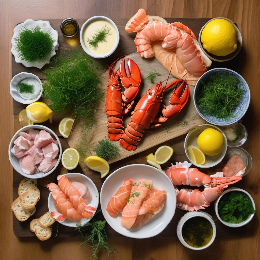 Items needed to answer the question, impress your dinner guests with a showstopping seafood charcuterie board. Items include:  Lobster Tails  Shrimp  Smoked Salmon  Lemons  Fresh Herbs (dill, parsley)  Condiments (cocktail sauce, garlic aioli, tartar sauce)  Crusty Bread, Crackers, and Baguette  Microgreens or Edible Flowers