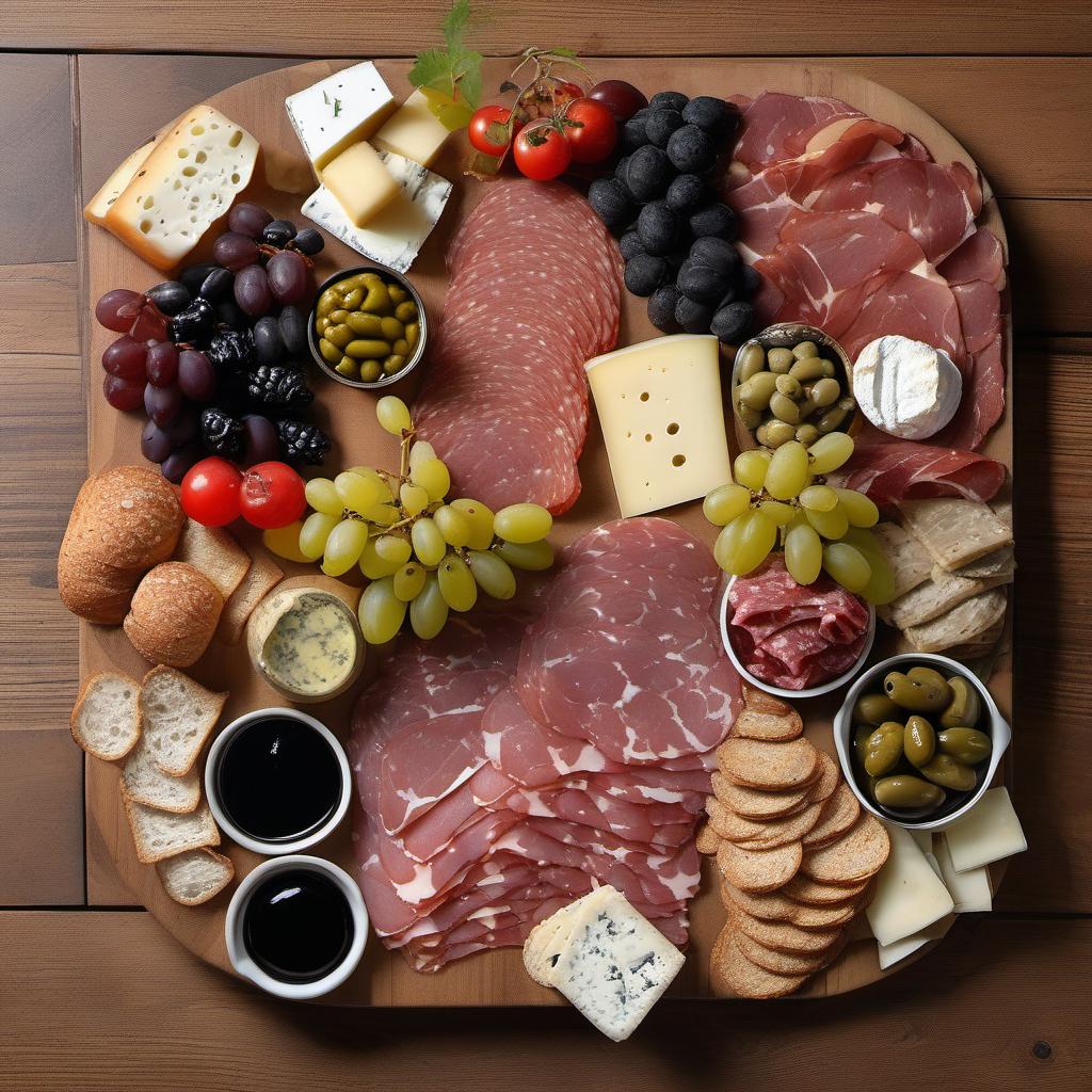 Items needed to answer the question, pair meats and accompaniments for a Picnic Charcuterie Board. Items include:  assorted cured meats  artisanal cheeses  tangy pickles  olives  mustard  crackers or bread  fresh fruits (grapes, berries, apples)
