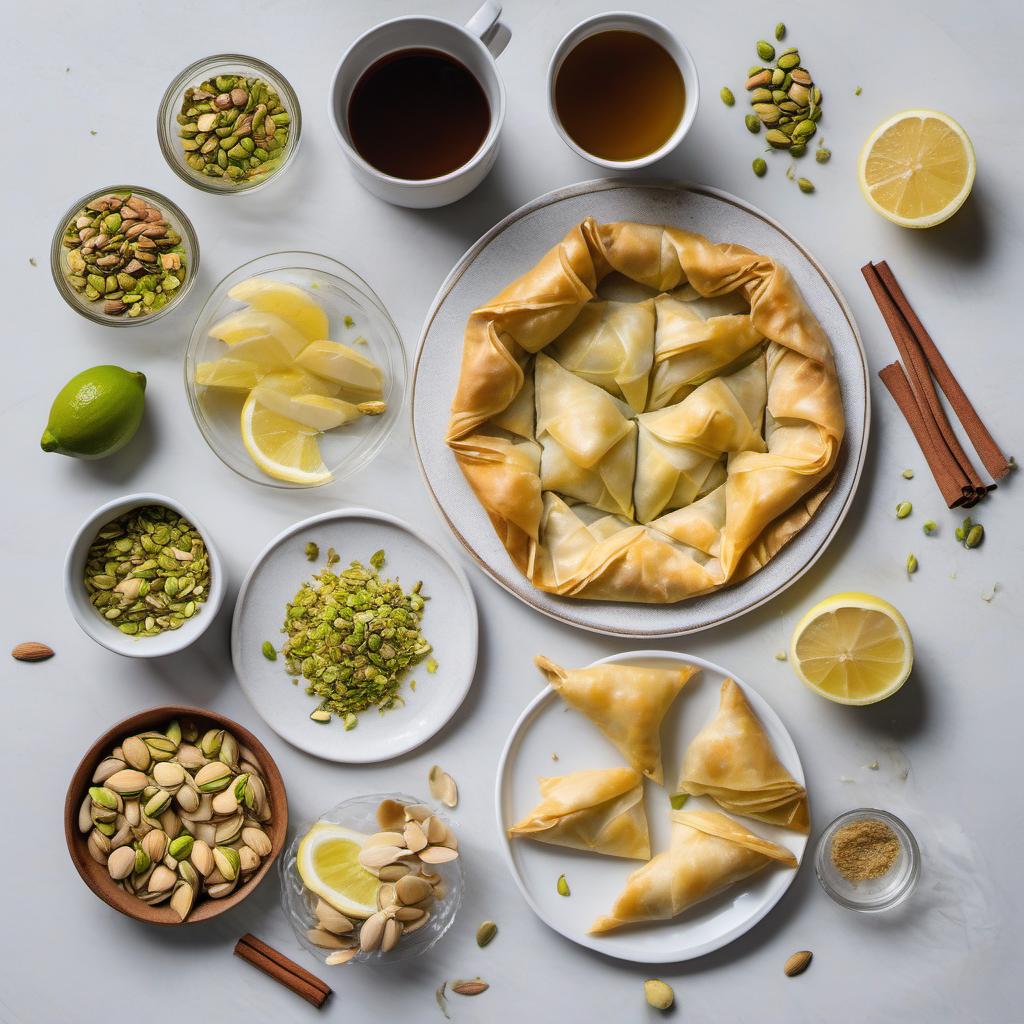 Items needed to answer the question, How do I make pistachio Baklava. Items include:  phyllo dough  pistachios  pistachios  finely ground almonds  sugar  ground cinnamon  unsalted butter  filo pastry sheets  water  fresh lemon juice