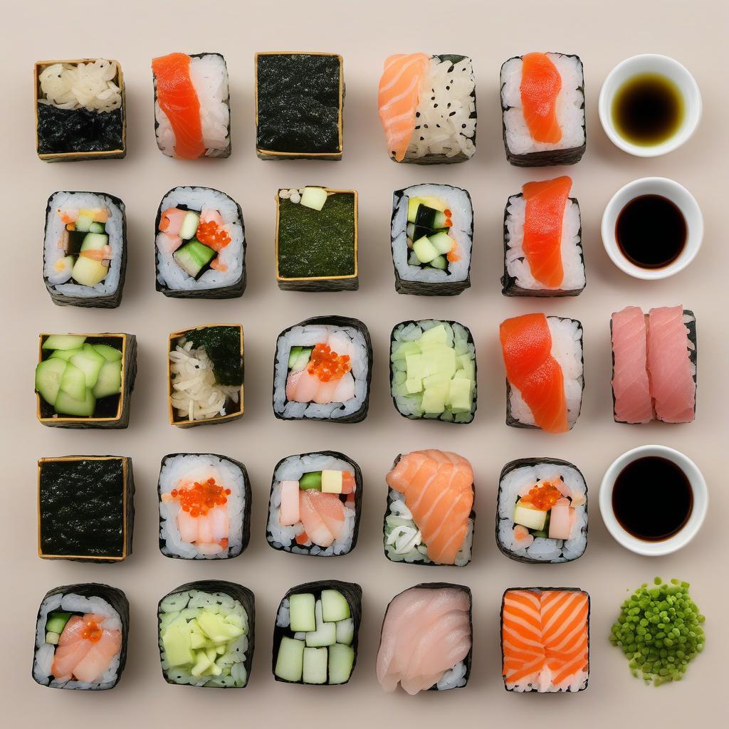 Items needed to answer the question, How do I host a Sushi Donut party. Items include:  Sushi Rice  Nori (Seaweed Sheets)  Sushi Fillings (cucumber, avocado, crab stick, sashimi)  Sushi Vinegar  Soy Sauce  Wasabi  Pickled Ginger  Sesame Seeds  Tobiko (Fish Roe)  Chopped Scallions