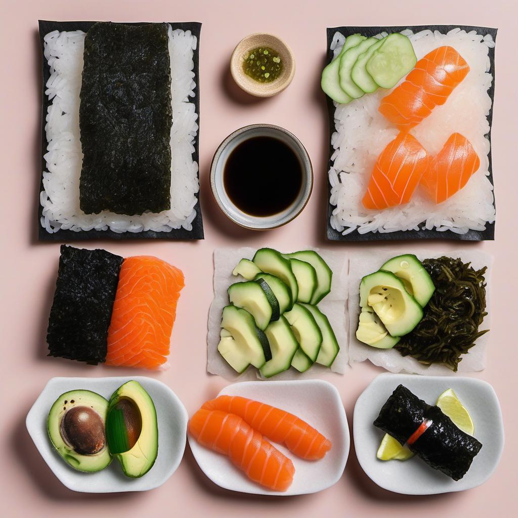 Items needed to answer the question, How do I roll a Sushi Burrito without it falling apart. Items include:  Sushi Rice  Nori (Seaweed Sheets)  Sushi-grade Fish  Avocado  Cucumber  Carrots  Soy Sauce
