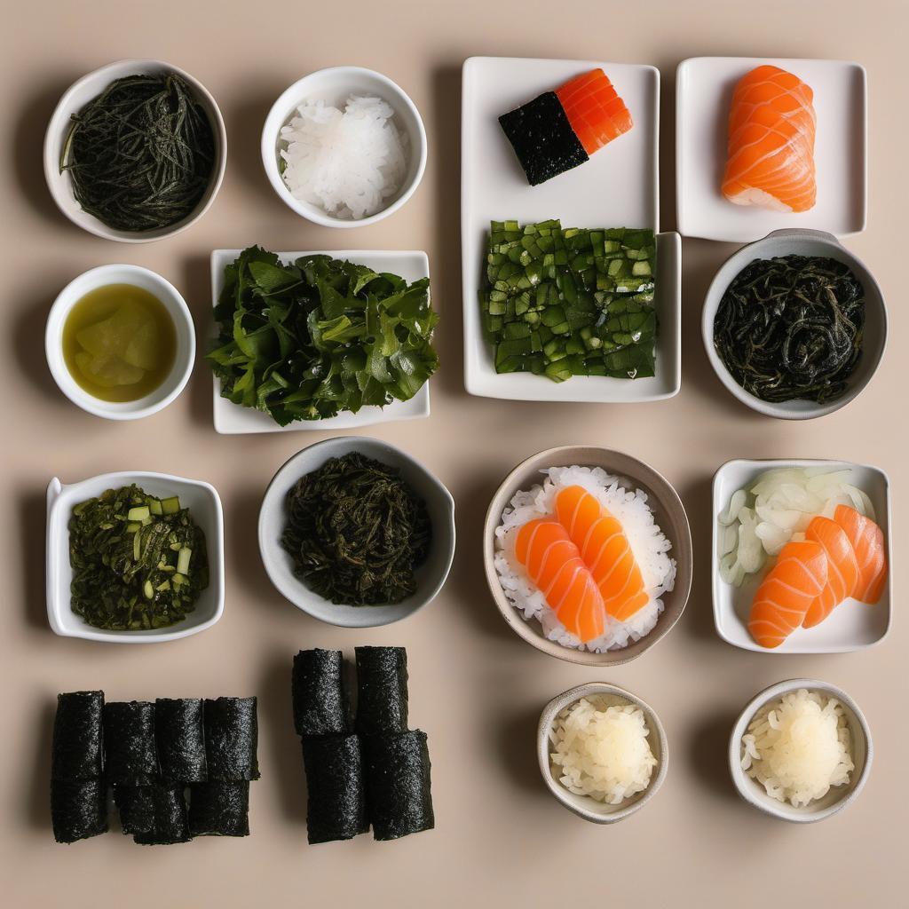 Items needed to answer the question, How do I make a vegetarian Sushi Burrito. Items include:  sushi rice  nori seaweed sheets  your favorite veggies  additional fillings  soy sauce  wasabi  pickled ginger
